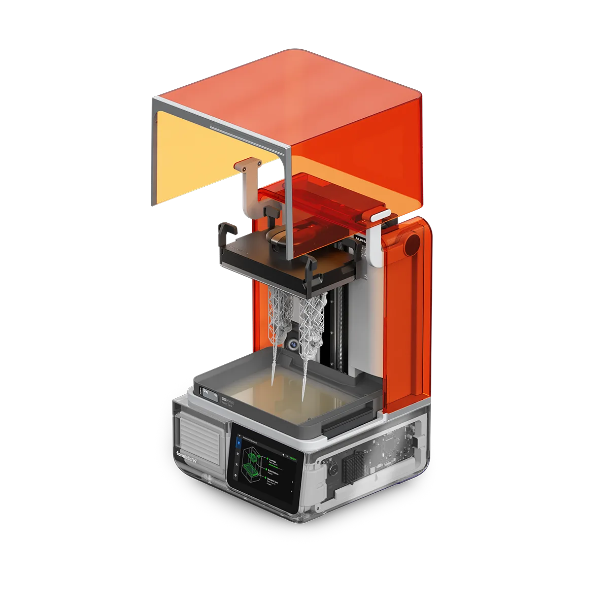 Formlabs Form Studio 1 Graphite – cover open, build platform and resin tank